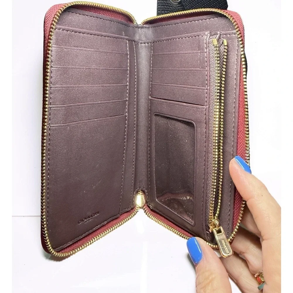 Coach Medium Women's Wallet - Brass/Cherry Red Pebbled Leather Zip (C4124) Lk Nw